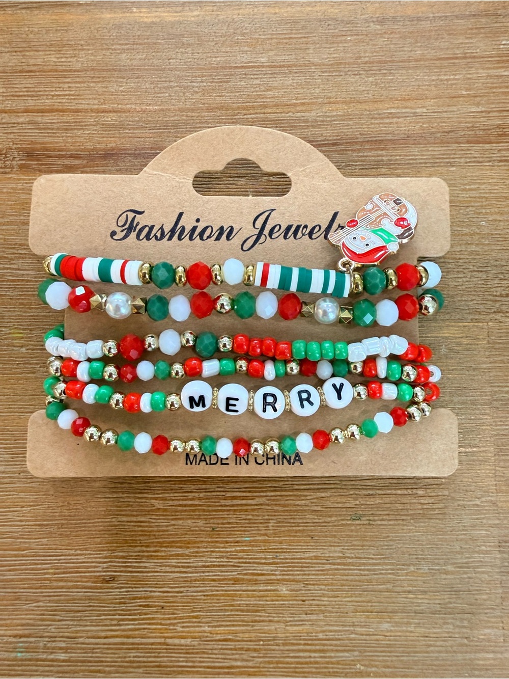 Set of 6 Merry Holiday Beaded Bracelet Set - Red, Green, White, Gold